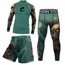 Hommes Jiu Jitsu Rashguard MMA T-shirt + short pour hommes 3 pièces/ensemble boxe brésilien grappin éruption garde ensembles Muay Thai vêtements de sport M 160-170cm L 165-175 cm XL 175-185 cm XXL 180-190 cm