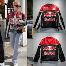 Nouvelle arrivage :Veste en cuir PU Style Red Bull 2025 - Manteau de moto vintage, veste de course imperméable coupe-vent pour hommes et femmes M.(FR 48) L'(FR 50) XL(FR 52) XXL(FR 54)