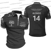Aston Martin T-shirt équipe de course costume d'entraînement Style de rue fermeture éclair polo Fernando Alonso 14 Kit homme femmes T-shirt à manches courtes KID150 KID160 S M. L' XL 2XL 3XL 4XL