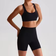 Ensemble de Legging court de Yoga pour femmes, couleur unie, taille haute, serré, dos croisé, bretelles à fort Impact, soutien-gorge de Fitness, haut de sport S M. L' XL