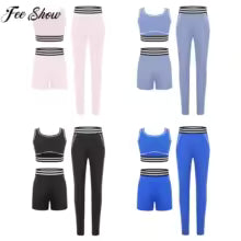Tenue de sport 3 pièces pour filles, survêtement sans manches, gilet court rayé avec short et Leggings, ensemble pour Yoga, course à pied, cyclisme, entraînement